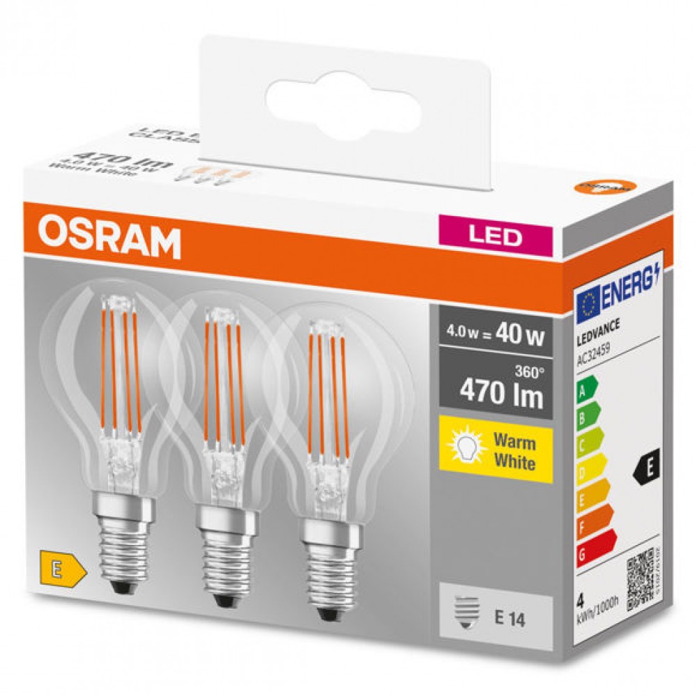Osram 4w (40w) E14 LED G/ball|Clear|3PK