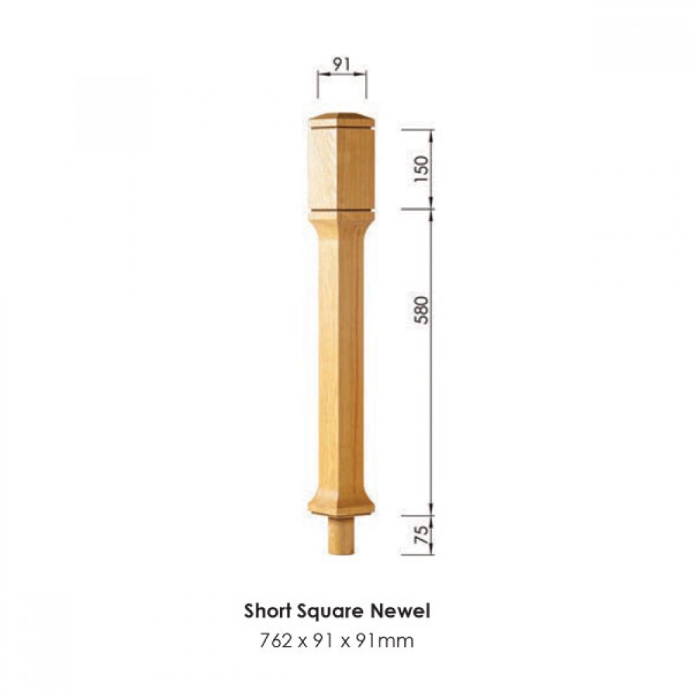 Dublin Short Square Newel Post 762x91x91mm | Options