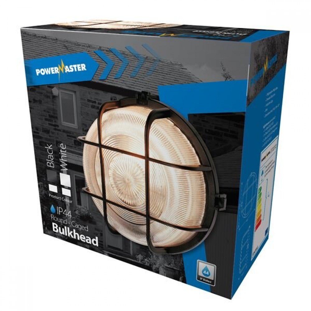 Powermaster 100w Round Bulk Head Black|IP44|Caged